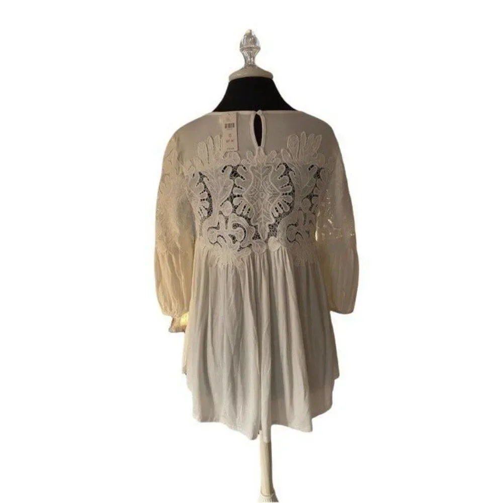 NWT Anthropologie Deletta Ivory lace detail 3/4 sleeve top (size extra small)